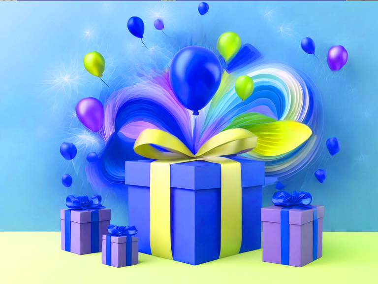 Gift wrapped present with blue, purple and green balloons in the background