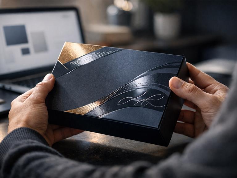 A person holding a luxury embellished box with a laptop in the background