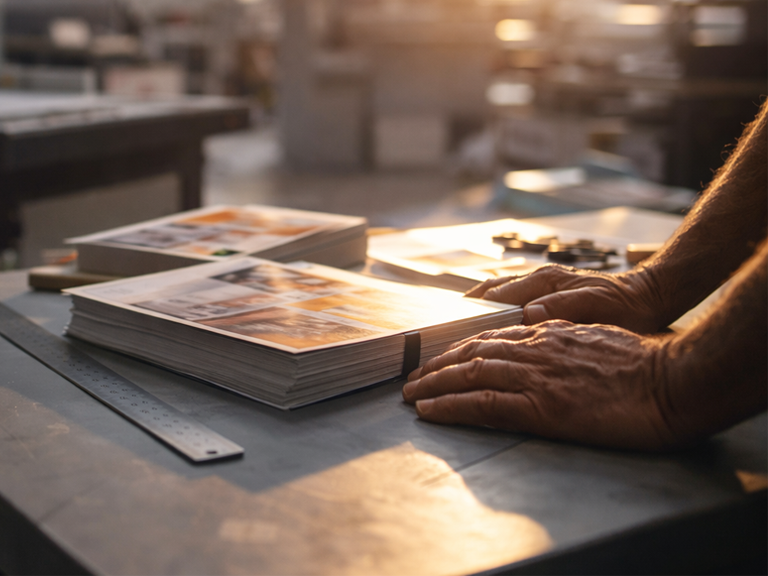 Experienced print operator with hands on a table and manual print finishing processes