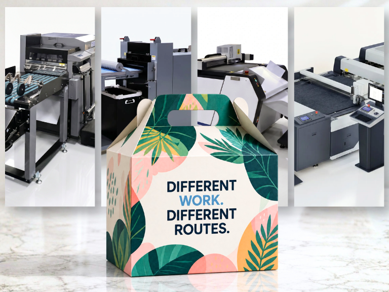 Colourful shaped packaging sample representing different digital cutting and die-cutting routes for print businesses.